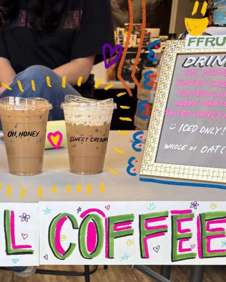 Oh, Honey and Sweet Cream iced coffees on the Ffrugal bar in front of the hand-lettered drinks board